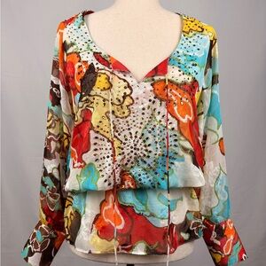 BCBGMAXAZRIA Embellished Silk Blouse Colorful Print NWT XS